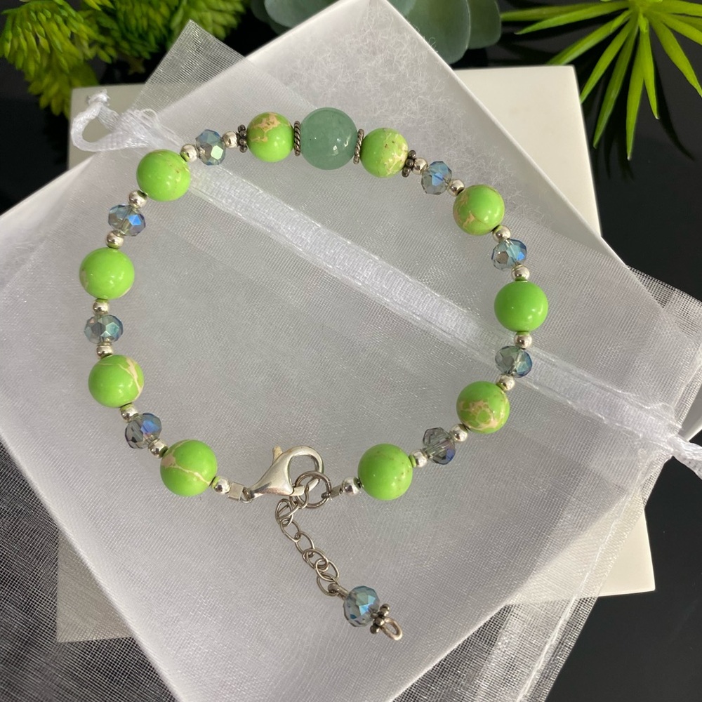 Sterling Silver Green Howlite & Aventurine Beaded Bracelet w/AB Crystal Bead